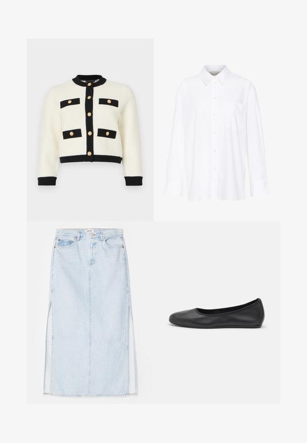 Ivory cropped cardigan in a textured knit, featuring black trim, two front pockets with black flaps, and gold buttons along the front.; White long-sleeve collared shirt made of cotton. Features a button-down front and a single chest pocket. Smooth texture, relaxed fit.; Light blue denim maxi skirt with a straight cut, featuring side slits and five-pocket design. Prominent stitching and metal button closure.; Black leather ballet flat with a rounded toe, smooth texture, minimal stitching detail, and a flexible sole design.