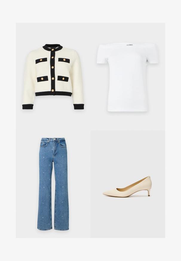 Cardigan accorciato color avorio in maglia testurizzata, con bordi neri, due tasche frontali con alette nere e bottoni dorati lungo il davanti.; T-shirt bianca a spalle scoperte con maniche corte, realizzata in morbido cotone, caratterizzata da un design aderente e un orlo dritto.; Jeans blu a vita alta con gamba dritta, impreziositi da piccoli ricami floreali bianchi sparsi sul tessuto.; Décolleté beige a punta realizzato in materiale sintetico liscio, con tacco basso e design slip-on, caratterizzato da un sottile dettaglio posteriore.