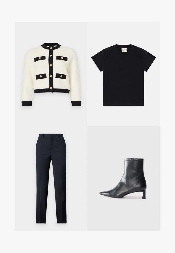 Kremowy, krótkotaliowany kardigan o strukturalnym splocie, z czarnymi wykończeniami, dwoma przednimi kieszeniami z czarnymi klapami i złotymi guzikami z przodu.; Czarny t-shirt z krótkim rękawem i okrągłym dekoltem, z białą metką wewnątrz kołnierza oznaczoną "D.R.C. EST. 2002" na białym tle.; Granatowe spodnie dopasowane o prostym kroju, o gładkiej fakturze, z dwoma przednimi kieszeniami i czystym pasem.; Czarne skórzane botki sięgające kostki z ostrym noskiem i eleganckim designem. Posiadają niski obcas oraz zamek błyskawiczny z tyłu. Gładka faktura.