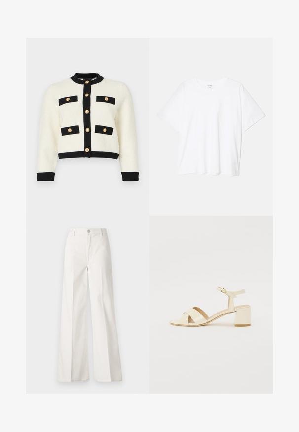 Elfenbeinfarbene, kurze Strickjacke aus strukturiertem Material mit schwarzem Besatz, zwei vorderen Taschen mit schwarzen Klappen und goldenen Knöpfen an der Vorderseite.; Weißes Baumwoll-T-Shirt mit kurzen Ärmeln, runder Halslinie, lockerer Passform und genähtem Saum. Etikett sichtbar am inneren Kragen.; Weiße weite Hosen aus Baumwolle mit glatter Textur. Sie verfügen über einen vorderen Knopf, einen Reißverschluss und ein Design mit vier Taschen.; Beige lackleder Absatzsandalen mit Kreuzriemen-Design, offener Zehenbereich, verstellbare Knöchellasche und Blockabsatz. Glatte Textur.