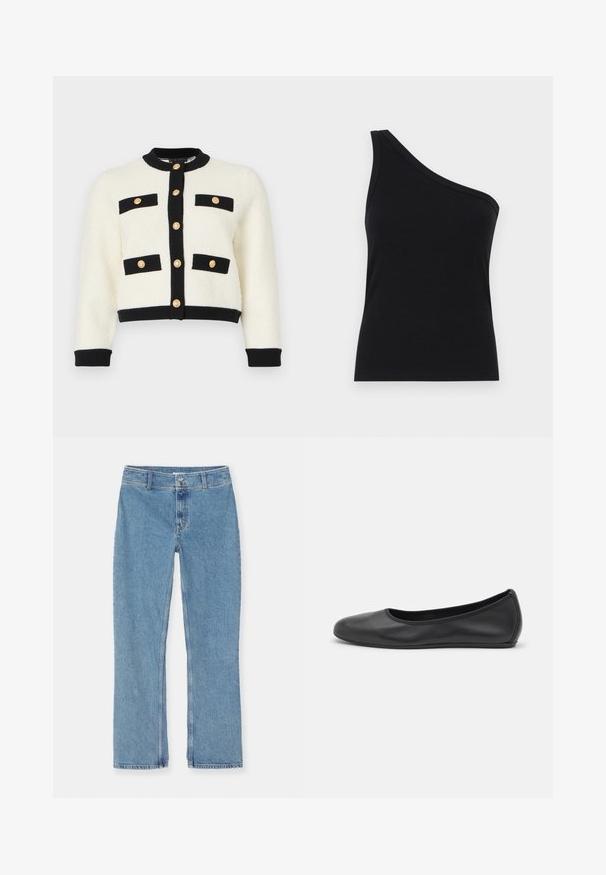 Slonková skrátená pletená srdiečko s textúrovaným vzorom, čiernymi okrajmi, dvoma prednými vreckami s čiernymi klapkami a zlatými gombíkmi po celej prednej strane.; Čierny rebrovaný top na jedno rameno s priliehavým strihom a jemnou textúrou. Obsahuje čistý, minimalistický strih a hladký výstrih.; Svetlo modré džínsy s rovnými nohavicami, zapínanie na gombík a zips, pútka na opasok a klasické stehy na bielom pozadí.; Čierne kožené baleríny s okrúhlou špičkou, hladkým povrchom, minimálnym prešívaním a flexibilným dizajnom podrážky.