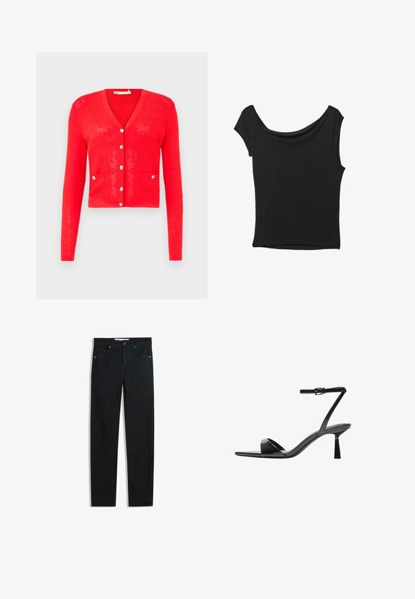 Roter Strickcardigan mit V-Ausschnitt, langen Ärmeln und silbernen Knöpfen. Verfügt über zwei Fronttaschen und eine perforierte Textur. Kürzer geschnittenes Design.; Schwarzes Kurzarmoberteil aus glattem Stoff; hat einen drapierten Ausschnitt und einen asymmetrischen Saum, mit einem figurbetonten Körper.; Schwarze Jeans mit geradem Bein, fünf Taschen, Metallknopfverschluss und dezenten Nähten. Glatte Textur.; Bershka High Heel Sandalette - black