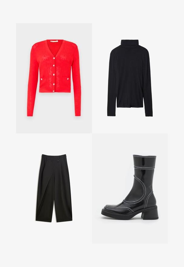 Czerwony sweter z dzianiny, z dekoltem w serek, długimi rękawami i srebrnymi guzikami. Posiada dwie przednie kieszenie i perforowaną fakturę. Krótkie, wykrojone fason.; Czarny top z długim rękawem i golfem o dopasowanym kroju, gładkiej teksturze i wysokim kołnierzu, z przeszytymi brzegami i bez widocznych wzorów.; Czarne szerokie spodnie wykonane z gładkiego materiału. Posiadają plisę z przodu, zapięcie na guzik oraz dopasowaną talię, co zapewnia schludny wygląd.; Czarne lakierowane botki za kostkę z białym przeszyciem, okrągłym noskiem i słupkowym obcasem. Posiadają zakrzywione linie designu oraz gładką teksturę.