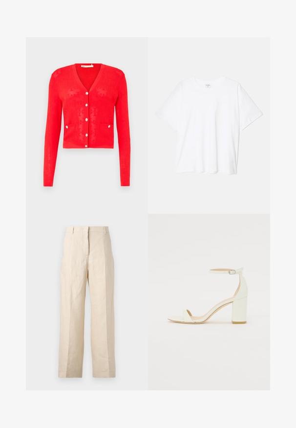 Czerwony sweter z dzianiny, z dekoltem w serek, długimi rękawami i srebrnymi guzikami. Posiada dwie przednie kieszenie i perforowaną fakturę. Krótkie, wykrojone fason.; Biała bawełniana koszulka z krótkim rękawem, okrągłym dekoltem, luźnym krojem i przeszytym brzegiem. Metka widoczna wewnątrz dekoltu.; Beżowe spodnie lniane o luźnym kroju, z plisowanym przodem i prostymi nogawkami. Posiadają pasek w talii z szlufkami i brak widocznych kieszeni.; Białe skórzane sandały na blokowym obcasie z paskiem wokół kostki z klamrą i minimalistycznym wzornictwem. Otwarty przód oraz gładkie tekstury na całej powierzchni.