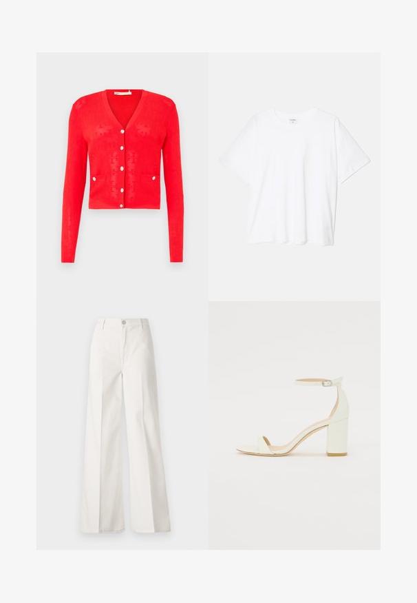 Punase kudumisko kardigan V-kaelusega, pikkade varrukatega ja hõbedaste nuppudega. Omab kahte eesmist taskut ja perforatsiooni tekstuuri. Lühendatud disain.; Valge puuvillane T-särk lühikeste varrukatega, ümmargune kaelus, mugav lõige ja õmmeldud serv. Silt nähtav kaela seest.; Valged laiade jalgadega püksid, mis on valmistatud siledast puuvillast. Omab esitallist ning lukuga sulgemist ja nelja tasku disaini.; Valge nahast takjakandiga sandaal, millel on kinnitusrihm ja minimalistlik disain. Avatud varvastes ja sileda pinnaga.