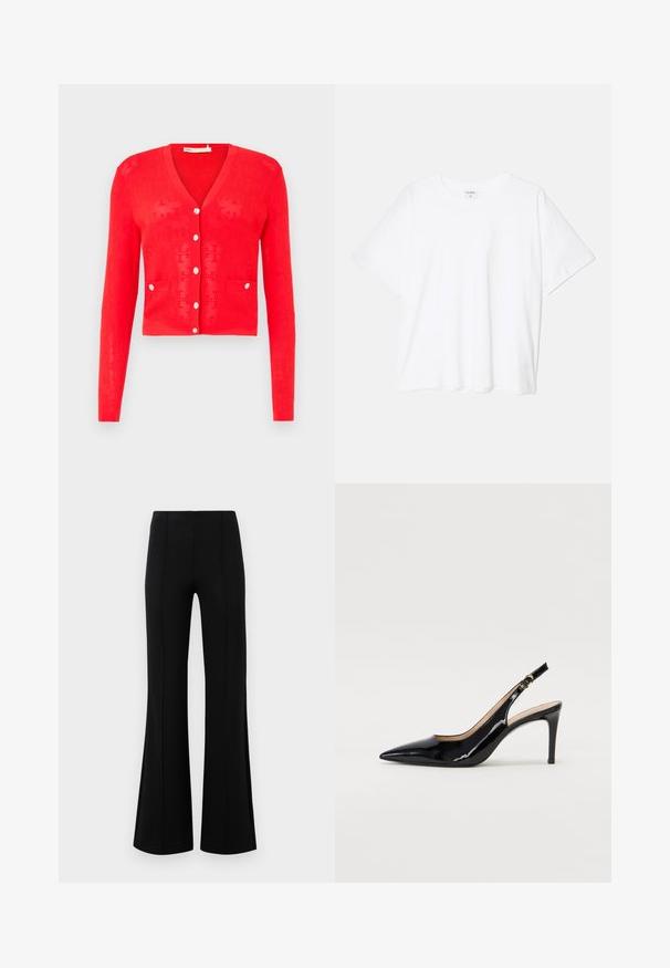 Czerwony sweter z dzianiny, z dekoltem w serek, długimi rękawami i srebrnymi guzikami. Posiada dwie przednie kieszenie i perforowaną fakturę. Krótkie, wykrojone fason.; Biała bawełniana koszulka z krótkim rękawem, okrągłym dekoltem, luźnym krojem i przeszytym brzegiem. Metka widoczna wewnątrz dekoltu.; Czarne rozszerzane spodnie z wysokim stanem, wykonane z elastycznego materiału. Posiadają pionowe szwy z przodu oraz gładką teksturę.; Czarne lakierowane szpilki typu slingback z szpiczastym noskiem, smukłym obcasem i subtelnym wycięciem. Posiadają złotą klamrę na pasku.