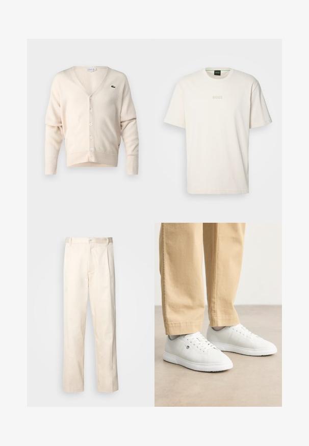 Beige cardigan made of soft fabric, featuring a V-neck, button closure, long sleeves, and a small green logo on the left chest.; BOSS TEE - Basic T-shirt - open white; Beige cotton trousers with a straight-leg cut, featuring a button closure and pleats at the front for added detail.; White leather sneakers with a smooth finish, featuring round toe, lace-up design, and subtle logo detail on the side, paired with beige pants.