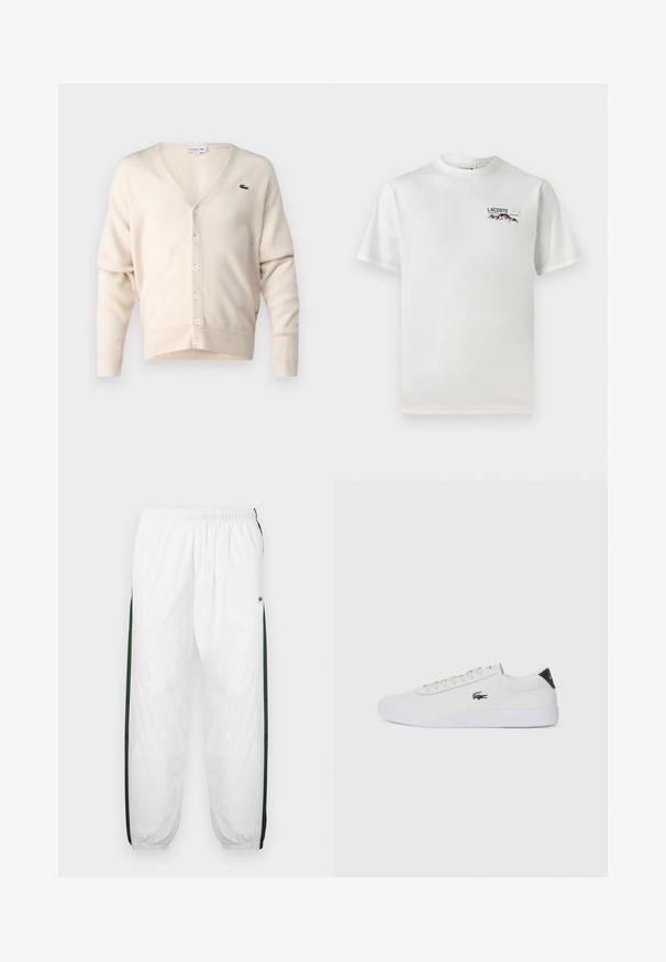Cardigan beige realizzato in un tessuto morbido, con scollo a V, chiusura con bottoni, maniche lunghe e un piccolo logo verde sul lato sinistro del petto.; T-shirt bianco in cotone con scollatura rotonda, maniche corte e un piccolo logo ricamato che raffigura montagne e testo sul lato sinistro del petto.; Pantaloni da tuta bianchi con pannelli laterali di un verde scuro. Materiale leggero, vita elasticizzata e orli a costine. Presentano una texture in rete sui pannelli laterali.; Sneaker bianco in pelle con punta rotonda, chiusura con lacci e accentuazione nera sul tallone. Presenta un piccolo logo di coccodrillo ricamato sul lato.