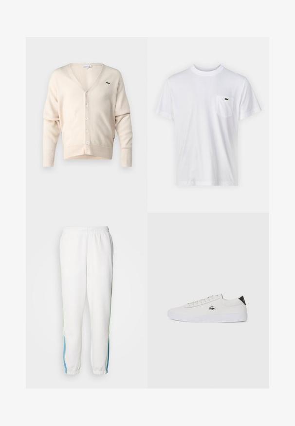 Beżowy kardigan wykonany z miękkiego materiału, z dekoltem w kształcie litery V, zapięciem na guziki, długimi rękawami oraz małym zielonym logo na lewej piersi.; Biała bawełniana koszulka z okrągłym dekoltem i krótkimi rękawami. Posiada kieszonkę na lewej piersi oraz małe zielone logo Lacoste.; Białe dresy z elastycznym paskiem, z zielonymi i niebieskimi paskami po bokach. Miękka tkanina z zwężającym się fasonem nogawki.; Białe skórzane sneakersy z okrągłym noskiem, sznurowanym przodem i czarnym akcentem na pięcie. Posiadają małe wyszywane logo krokodyla po boku.