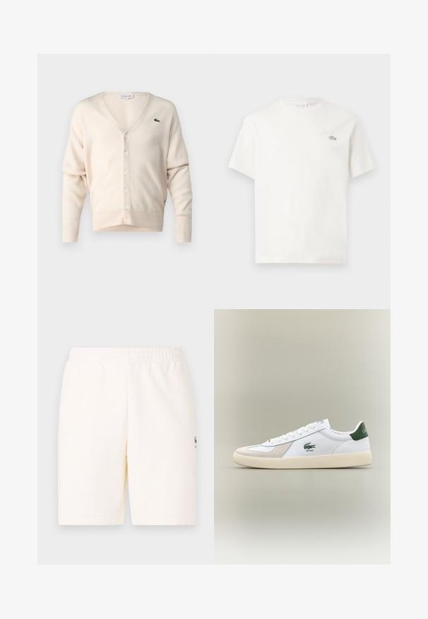 Cardigan beige realizzato in un tessuto morbido, con scollo a V, chiusura con bottoni, maniche lunghe e un piccolo logo verde sul lato sinistro del petto.; T-shirt bianco in cotone con maniche corte, caratterizzato da un logo ricamato discreto e un design minimalista. Tessuto morbido, scollo a girocollo.; Pantaloni corti color crema con vita elastica, realizzati in tessuto morbido, con un piccolo logo sulla parte inferiore della gamba sinistra.; Sneaker bianca con accenti verdi, materiali in suede e pelle, punta arrotondata, suola testurizzata e logo ricamato sui lati e sulla linguetta.