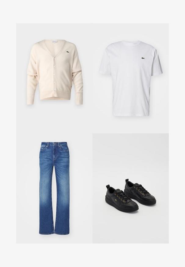 Beige cardigan made of soft fabric, featuring a V-neck, button closure, long sleeves, and a small green logo on the left chest.; White cotton T-shirt featuring a crew neck, short sleeves, and a small green embroidered logo on the chest. Classic straight fit design.; Blue denim jeans with a straight leg design, featuring a faded wash, five pockets, and a button-and-zip closure at the waist.; Black leather sneakers with gold eyelets and laces, textured surface, round toe, and a thick black sole. Simple, modern design with rear pull tab.