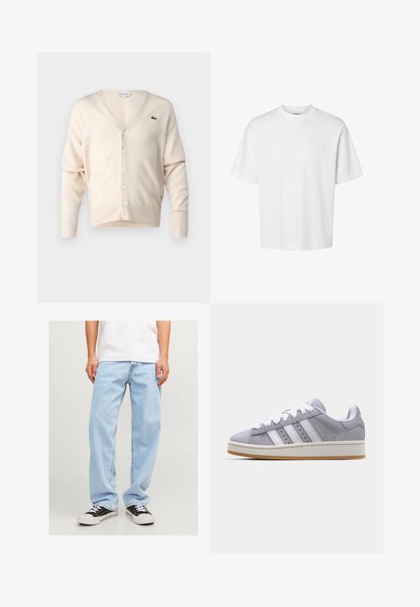 Bež kardigan napravljen od mekanog materijala, s V-izrezom, kopčanjem na dugmad, dugim rukavima i malim zelenim logotipom na lijevoj strani prsnog koša.; Bijela pamučna majica kratkih rukava, s okruglim izrezom i opuštenim krojem. Glatka tekstura bez vidljivih uzoraka ili ukrasa.; Svijetloplave traperice opuštenog kroja, s ravnim nogavicama i standardnim šavovima, uparene s crnim tenisicama.; Sivi nubuk tenisice s bijelim prugama, okruglim vrhom i gumenom potplatom. Sadrže perforacije sa strane i teksturiranu petu.