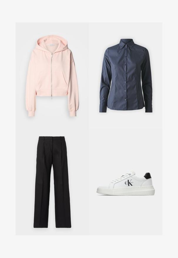 Sudadera corta rosa hecha de tela suave, con cremallera frontal, dos bolsillos delanteros y capucha ajustable con mangas fruncidas.; Camisa de manga larga azul marino con cierre de botones en el frente, cuello puntiagudo y un corte ajustado. Fabricada con un tejido suave y ligero.; Pantalones negros ajustados con un diseño de pierna recta, que presentan pliegues marcados y una textura suave. Confeccionados en una tela ligera.; Zapatilla baja blanca con talón negro, suela de plataforma, cordones y logotipo "CK" de Calvin Klein en el lado.