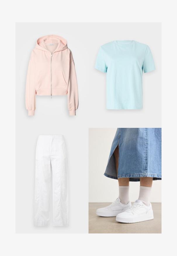 Skraćena ružičasta dukserica od mekanog materijala, s prednjim zipom, dva prednja džepa i kapuljačom s vezicom i nabranim rukavima.; Svijetloplavi pamukasti majica s kratkim rukavima, okruglim izrezom i suptilnim izvezenim logotipom 'Calvin Klein' na prednjoj strani.; Bijele široke hlače od laganog materijala, s glatkom teksturom, čistim linijama i visokim strukom.; Bijele tenisice od teksturirane kože, s platformom, okruglim prstom i sustavom vezivanja; u kombinaciji sa svijetlosivim čarapama do gležnja i traper suknjom.