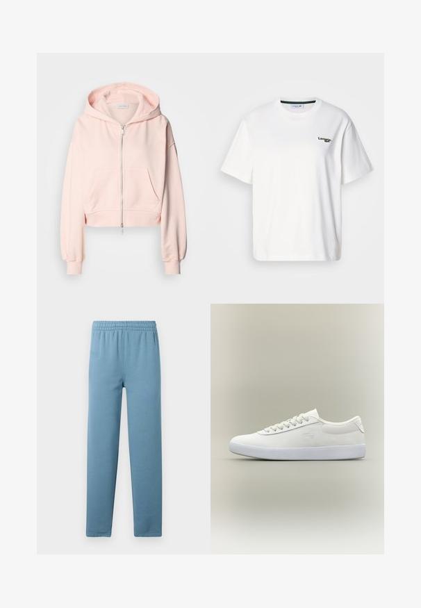 Skraćena ružičasta dukserica od mekanog materijala, s prednjim zipom, dva prednja džepa i kapuljačom s vezicom i nabranim rukavima.; Bijela pamučna majica opuštenog kroja s zelenim izvezenim logotipom na lijevoj strani prsiju i okruglim izrezom. Glatka tekstura.; Svijetloplave trenirke izrađene od mekanog materijala s elastičnom gumicom u struku, sužavajuće nogavice i diskretni logotip brenda ugraviran sprijeda.; Niske bijele kožne tenisice s bijelim vezicama i teksturiranom bijelom potplatom, prikazane u profilu na neutralnoj pozadini.