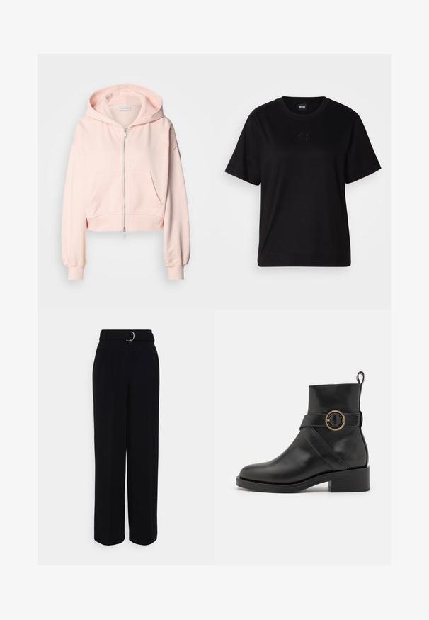 Kuttet rosa hettegenser laget av mykt stoff, med glidelås foran, to frontlommer og hette med snor og samlede ermer.; Svart bomull T-skjorte med rund hals, korte ermer og et brodert logo på brystet. Enkel, avslappet passform uten mønstre.; Sorte skræddersydde bukser med bred ben silhuett, med et belte med sølvspenne, legg og en glatt tekstur.; BOSS IRYNA BOOTIE - Platåstøvletter - black