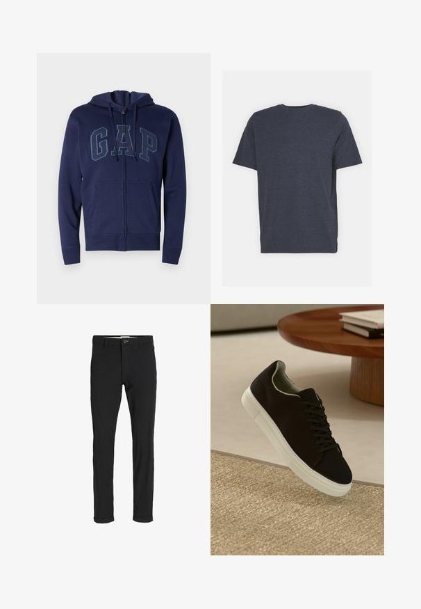 Mornarsko modra zip-up kapuca iz mešanice bombaža s sprednjimi žepi. Ima logo 'GAP' v svetlejši modri barvi, nastavljivo kapuco s vrvico in rebraste manšete.; T-maica s kratkimi rokavi v mornarsko modri barvi z okroglo izrezom, izdelana iz mehkega bombažnega materiala. Ima redno prileganje in ni vidnih vzorcev ali okrasnih elementov.; Črne bombažne hlače iz mešanice tkanin, ožjega kroja, z gumbom za zapiranje, žepi in zavihanimi robovi za sproščen videz.; Črni športni copat z belim podplatom lebdi nad bež teksturiranim preprogam blizu okroglega lesenega mize z zloženimi knjigami.