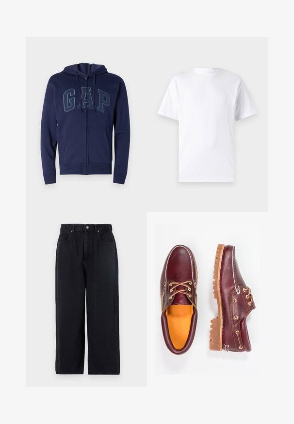 Mørkeblå zip-up hoodie lavet af bomuldsblanding med frontlommer. Udstyret med "GAP" logo i lysere blå, justerbar snøre ved hætten, og ribbede manchetter.; Hvid kortærmet t-shirt lavet af bomuld med rund hals, der har en glat tekstur og et simpelt design uden mønstre eller accenter.; Sorte denimbukser med lige ben, der har fem lommer, knaplukning og en ren finish. Holdbart stof med en mat tekstur.; Bordeaux lædersko med brune gummisåler, rund tå, hvid syning og gyldne snøringer. Indersiden har et gult for.