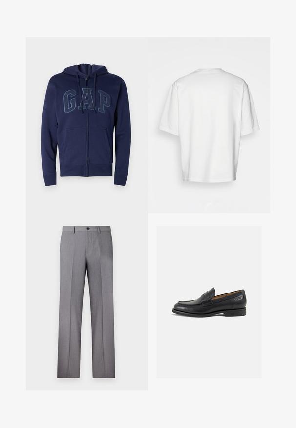 Námorně modrá mikina na zip vyrobená z bavlněné směsi s předními kapsami. Má logo "GAP" ve světle modré barvě, nastavitelné stahovací kapuce a žebrované manžety.; Bílý krátký rukáv tričko, volný střih, kulatý výstřih, hladká bavlněná tkanina, nezdobený zadní díl, rovný lem, žádné vzory ani akcenty.; Šedé kalhoty s rovnými nohavicemi, dvěma postranními kapsami a zapínáním na jeden knoflík. Hladká textura s jemným proužkovaným vzorem.; Černé kožené mokasíny s hladkým povrchem, zaoblenou špičkou a dekorativním prošíváním na svršku. Nízký podpatka a mírný lesk.