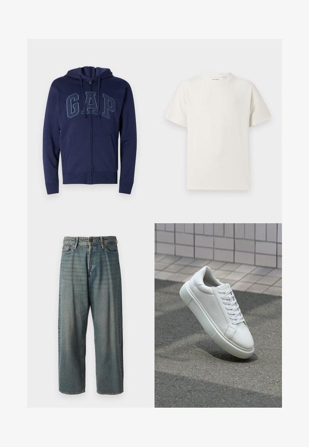 Navy blue zip-up hoodie made of cotton blend with front pockets. Features "GAP" logo in lighter blue, adjustable drawstring hood, and ribbed cuffs.; White short-sleeve T-shirt in a ribbed texture. Round neckline, relaxed fit, no visible patterns or accents. Simple and versatile design.; Light blue denim jeans with a loose fit, mid-rise waist, and straight legs. Features five pockets, belt loops, and a button closure.; White leather sneaker with a smooth surface, round toe, and flat white laces. Features a textured rubber sole and minimal design elements.