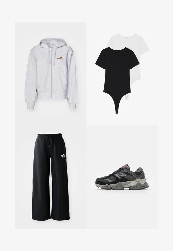 Világosszürke zipzáras kapucnis pulóver, puha anyagból készült, kényelmes fazonú, elöl zsebekkel és egy apró hímzett logóval a bal mellen.; Fekete és fehér, rövid ujjú bodyszutok kerek dekoltázzsal és tanga alsó résszel, sima, rugalmas anyagból készült.; Fekete, széles lábú pulóvernadrág, húzózsinórral a deréknál. Bal oldalon hímzett szöveggel, puha pamutkeverék anyagból készült.; Fekete és szürke sportcipő, amely velúr és hálós anyagok keverékéből készült, vastag talppal, hangsúlyos logóval és piros akcentussal a nyelvén.