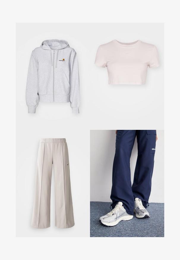 Heledhall hallidega, pehmest materjalist kapuutsiga särk, millel on lõdvestatud lõige, ees taskud ja väike tikitud logo vasakul rinnal.; Lühikeste varrukatega helesinine lühikesed T-särk, valmistatud pehmest kangast. Omab ümmargust kaelaauku ja rinnal on väike valge Nike logo.; Heledad hallide püksid, mis on valmistatud siledast kangast. Omab elastset vöökohta ja musta Nike logo vasakul küljel.; Nike spordijalatsid hõbedase võrkkanga ülaosaga, valgete aktsentidega ja tekstuuriga tallad, koos laia lõikega tumesiniste pükstega.