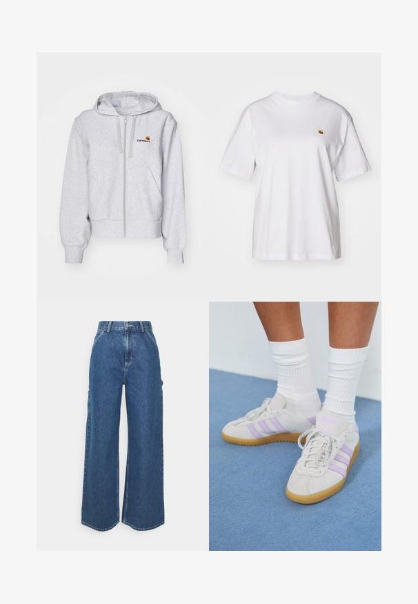 Svetlosivá mikina na zips vyrobená z mäkkej tkaniny, s voľným strihom, prednými vreckami a malou vyšitou nášivkou na ľavej hrudi.; Biely bavlnený tričko s voľným strihom, krátkymi rukávmi a malým vyšitým logom na ľavej strane hrude.; Dlhé modré džínsy so širokými nohavicami a vysokým pásom, s kontrastným prešívaním a bočnými vreckami, s klasickým dizajnom piatich vreciek a surovými lemami.; Svetlo šedé semišové tenisky s tromi fialovými pruhmi, gumenou podrážkou, plochými šnúrkami a bielymi rebrovanými ponožkami. Na modrom pozadí.