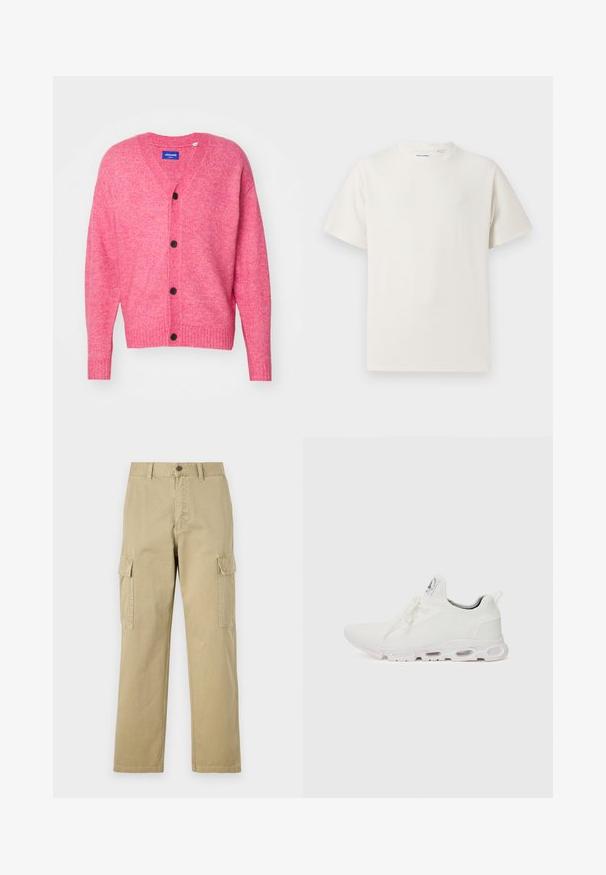 Jack & Jones JOROLLIE CARDIGAN - Cardigan - fuchsia rose; White short-sleeve T-shirt in a ribbed texture. Round neckline, relaxed fit, no visible patterns or accents. Simple and versatile design.; Beige cargo pants made of cotton, featuring two side pockets, a button closure, and straight legs with a slightly textured fabric.; White athletic shoes featuring a textured knit upper, flat laces, and a cushioned sole with visible air chambers for added support.