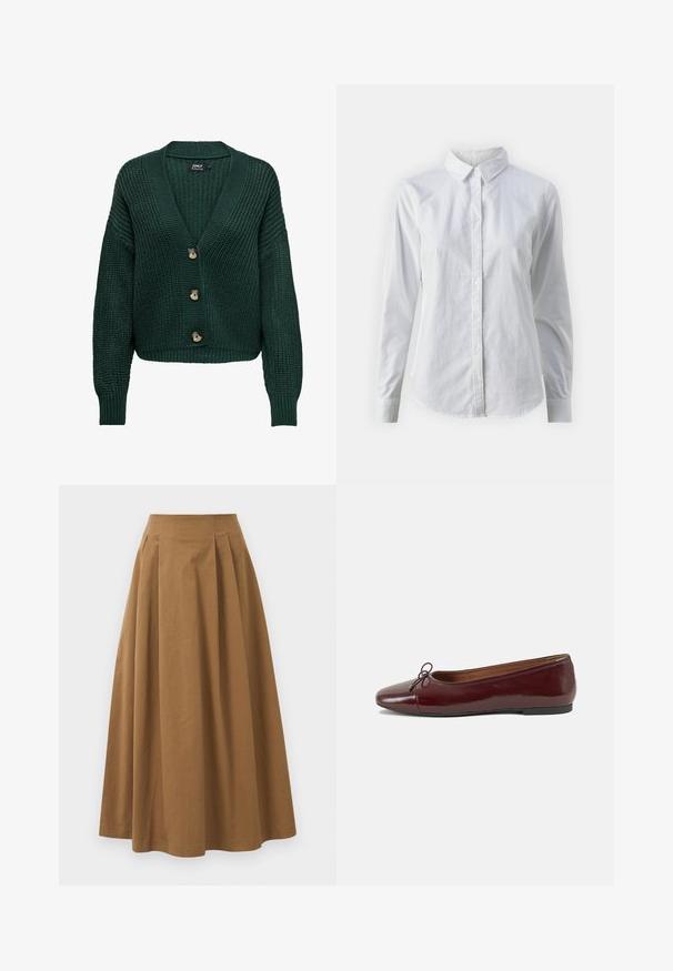Zeleni pleteni kardigan s V-izrezom, dugim rukavima i tri smeđa gumba sprijeda. Teksturirani uzorak i rebrasti rub.; Bjela košulja na dugih rukava od glatkog pamuka, s klasičnom kragnom i zakrivljenim rubom. Dugmad su mala i bijela.; Smeđa pamučna suknja A kroja s visokim strukom, koja ima nabore sprijeda i glatku teksturu. Završetci donjeg ruba su čisti i jednostavni.; Burgundska lakirana balerinka s zaobljenim vrhom, malim mašnom sprijeda i niskom, crnom gumenom potplatu. Glatka tekstura.