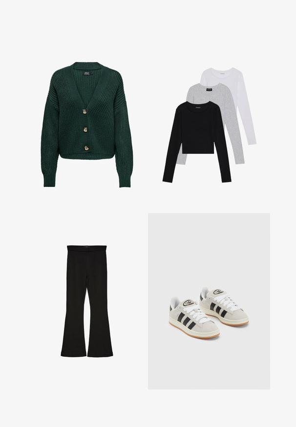 Grüner Strickcardigan mit V-Ausschnitt, langen Ärmeln und drei braunen Knöpfen auf der Vorderseite. Texturiertes Muster und gerippter Saum.; Drei langärmelige Oberteile gestapelt: schwarz, grau und weiß. Jedes hat einen runden Halsausschnitt und ein kurzes Design aus glattem, leichtem Stoff.; Schwarze Schlagleggings aus dehnbarem Stoff. Sie verfügen über einen breiten Bund und eine glatte Textur, mit einer enganliegenden Silhouette, die am Saum ausgestellt ist.; Graue Wildledersneaker mit weißen Schnürsenkeln, schwarzen Streifen und einer weißen Gummisohle. Merkmale sind ein kreisförmiges Logo auf der Zunge und eine Gummisohle.