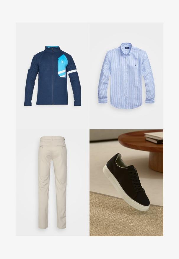 Marineblauwe zip-up jas met een textuurafwerking, voorzien van een lichtblauwe borstzak, witte strepen op de mouwen en een klein logo-detail.; Blauw-wit gestreept overhemd met lange mouwen van katoen, met een button-down kraag, knopen aan de voorkant en een klein geborduurd logo op de borst.; Beige broek met een gladde textuur, rechte snit, twee achterzakken met knopen en een standaard tailleband.; Zwarte sneaker met witte zool die boven een beige gestructureerd tapijt zweeft, nabij een ronde houten tafel met gestapelde boeken.