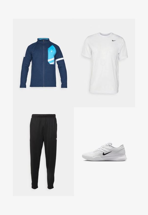 Giacca con zip blu navy con finitura testurizzata, caratterizzata da una tasca sul petto blu chiaro, strisce bianche sulle maniche e un piccolo dettaglio del logo.; T-shirt bianco a maniche corte in tessuto morbido. Presenta un collo rotondo e un piccolo logo Nike nero sul lato sinistro del petto.; Pantaloni sportivi neri realizzati in tessuto liscio, con una vita elastica, gambe affusolate e un piccolo logo bianco sul lato sinistro.; Scarpa da ginnastica bianca con tomaia in mesh testurizzato, logo Nike nero, collo imbottito e suola in gomma con un motivo di battistrada.