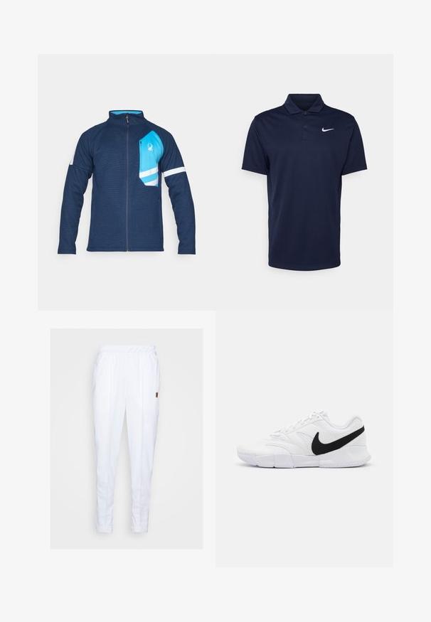 Chaqueta de cremallera azul marino con un acabado texturizado, que cuenta con un bolsillo en el pecho de color azul claro, rayas blancas en las mangas y un pequeño detalle de logotipo.; Polo de color azul marino hecho de tela suave, con cuello de tres botones, mangas cortas y un pequeño logo blanco de Nike en el pecho.; Pantalones deportivos blancos con cintura elástica, que cuentan con bolsillos laterales y detalles de costura sutiles a lo largo de las piernas.; Zapatillas deportivas blancas con parte superior texturizada, logo de Nike en negro, cuello acolchado y suela de goma sólida con dibujo en patrón.