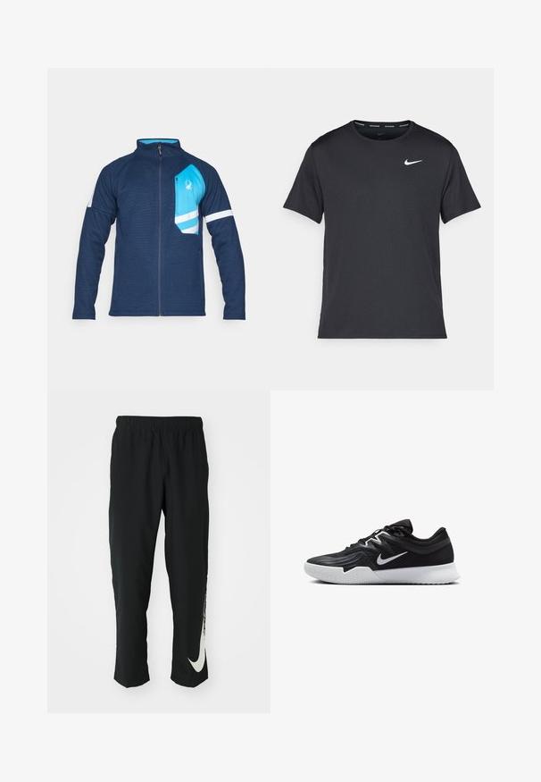 Marineblaues Zip-Jacke mit strukturierter Oberfläche, ausgestattet mit einer hellblauen Brusttasche, weißen Streifen an den Ärmeln und einem kleinen Logodetail.; Schwarzes Nike Lauft-Shirt aus leichtem, atmungsaktivem Material, mit kurzen Ärmeln und einem kleinen weißen Logo auf der Brust.; Schwarze Sporthose mit elastischem Bund und taillierter Passform, auf der linken Beinschulter befindet sich ein großes weißes Nike-Logo. Weicher, leichter Stoff.; Schwarzer Sportschuh mit strukturiertem Obermaterial, weißem Nike-Warenzeichen und einer weißen Gummisohle. Verfügt über ein Schnürdesign und eine dynamische Form.