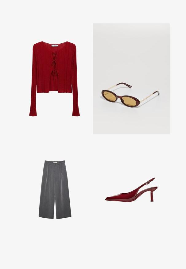 Czerwony prążkowany, dziewiarski crop top z długimi rękawami, posiada centralny detal wiązania i okrągły dekolt. Miękka tekstura i luźny krój.; Pieces PCMADISON mleczny; Plisowane spodnie o szerokich nogawkach w ciemnoszarym materiale z subtelną teksturą. Posiadają zapięcie na guzik oraz klasyczny krój pasa.; Bershka - Czółenka; Owalne okulary przeciwsłoneczne w ciemnoczerwonym wykończeniu imitującym żółwia, z żółtymi soczewkami i cienkimi metalowymi zausznikami w kolorze złotym.; Czerwona, błyszcząca torebka na ramię z dwoma długimi uchwytami, prostokątnym kształtem, gładką strukturą i subtelnym wzorem fałdowania. Posiada srebrny sprzęt.