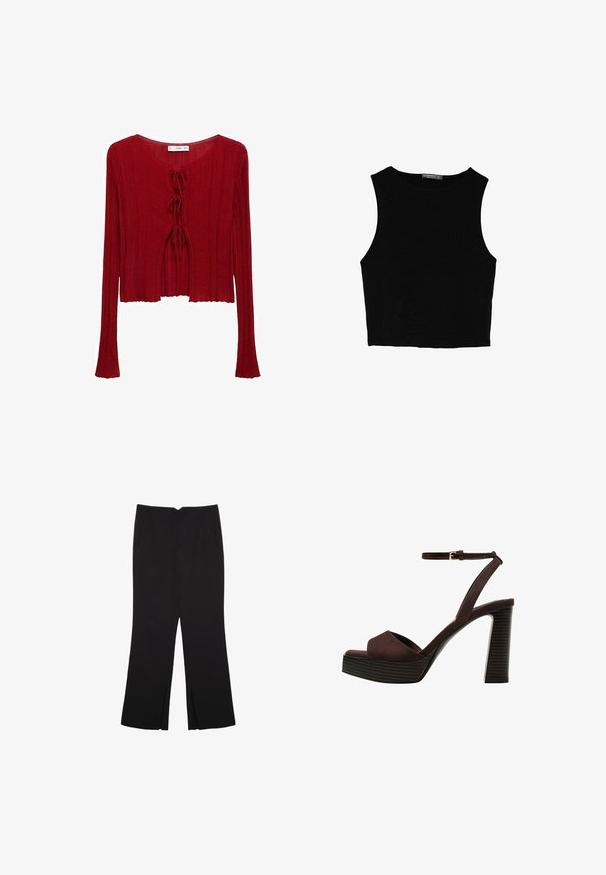 Rød ribbet strik crop top med lange ærmer, har et centralt bindepunkt og en rund halsudskæring. Blød tekstur og afslappet pasform.; Sort ærmeløs crop top lavet af glat stof, med rund hals og et rent, enkelt design uden mønstre eller hardware.; Sorte bukser med lige pasform, der har frontlommer og slidser i kanten. Lavet af blødt, glat stof. Velegnet til forskellige anledninger.; Brune ruskinds højhælede sandal med åben tå, justerbar ankelrem og en stribet plade sål.