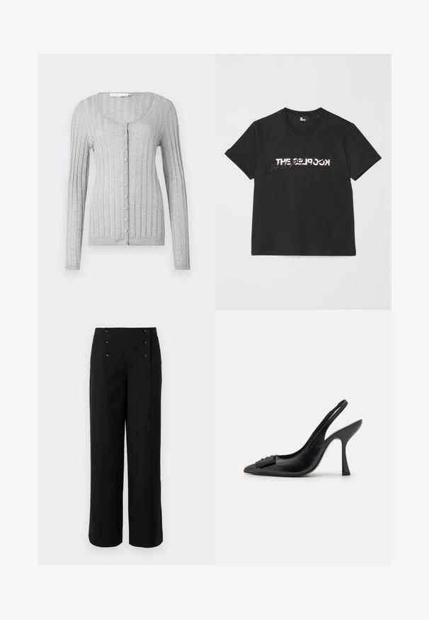 Pelēks rievots kardigans ar garām piedurknēm, apaļu kakla izgriezumu un pogām priekšpusē. Ievērojamas teksturētas auduma un pieguļošs dizains.; Melnas kokvilnas T-krekls ar īsām piedurknēm, kuram priekšpusē ir printēts balts un pelēks dizains "THE 2LOOK". Klasisks apaļais kakls.; Melni plati bikses, izgatavotas no gludas auduma, ar augsto jostasvietu un pieciem priekšējiem pogām aizdarei. Elegants, pielāgots dizains.; Melnas ādas sārta kurpes ar smailu purngalu, šauru augstu papēdi un dekoratīvu loku akcentu. Gluda tekstūra un elegants dizains.
