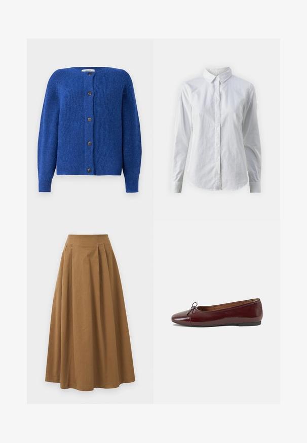 Cardigan tricotat albastru, cu guler rotund, mâneci lungi și șase nasturi negri pe față. Țesătură texturată cu un finisaj moale.; Cămașă albă cu nasturi, confecționată din bumbac neted, având un guler clasic, mâneci lungi și un tiv curbat. Nasturii sunt mici și albi.; Fustă A-line din bumbac maro, cu talie înaltă, având pliseuri pe față și o textură netedă. Marginile sunt finisate curat și simplu.; Balerini din piele patent burgund cu vârful rotund, accent de fundiță mică în față și talpă joasă din cauciuc negru. Textură netedă.