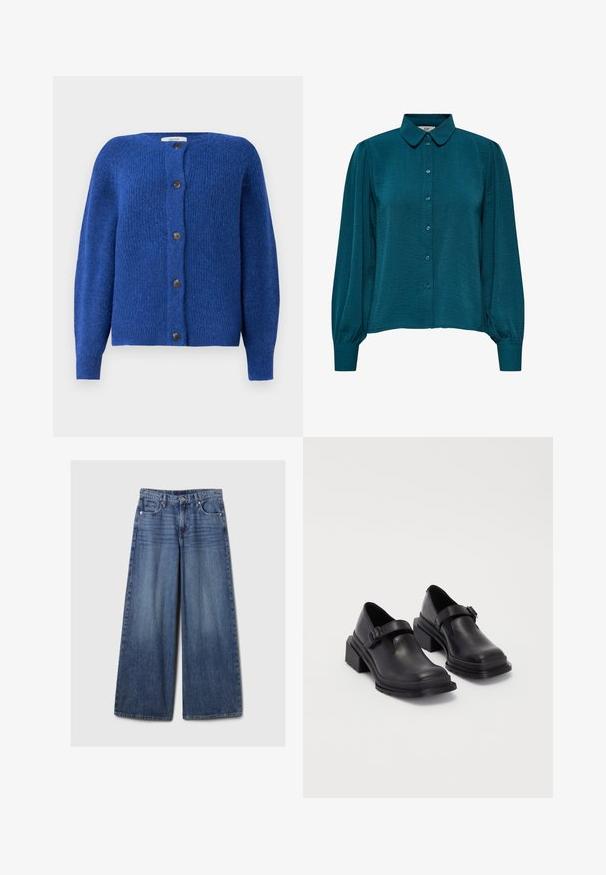 Modra pletena jopica s okroglo ovratnico, dolgimi rokavi in šestimi črnimi gumbi spredaj. Teksturovana tkanina z mehkim zaključkom.; Turkizna bluzica z ovratnikom, gumbi na sprednji strani in dolgimi rokavi. Narejena iz strukturirane tkanine s nabranimi manšetami.; Široke jeans hlače iz modrega denima z bledečim finišem, z gumbom in zadrgo, petimi žepi in zanko za pas.; Črne usnjene čevlje z zaobljenim nosom, ravnim podplatom in trakcem z zaponko. Debel blokasti petnik za dodatno stabilnost.