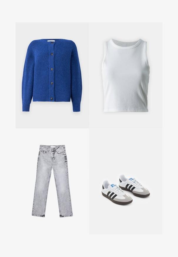 Niebieski sweter robiony na drutach z okrągłym dekoltem, długimi rękawami i sześcioma czarnymi guzikami z przodu. Teksturowana tkanina o miękkim wykończeniu.; Biała, prążkowana koszulka na ramiączkach z okrągłym dekoltem i bez rękawów, z prostym dołem i gładką, elastyczną teksturą.; Szare dżinsy o prostym kroju nogawki, z przetarciami, pięcioma kieszeniami i miedzianymi nitami. Pasek w talii posiada metkę z logo.; Buty sportowe z białą skórzaną cholewką, szarym zamszowym noskiem i trzema czarnymi paskami. Posiadają niebieskie logo na języku oraz teksturowaną gumową podeszwę.