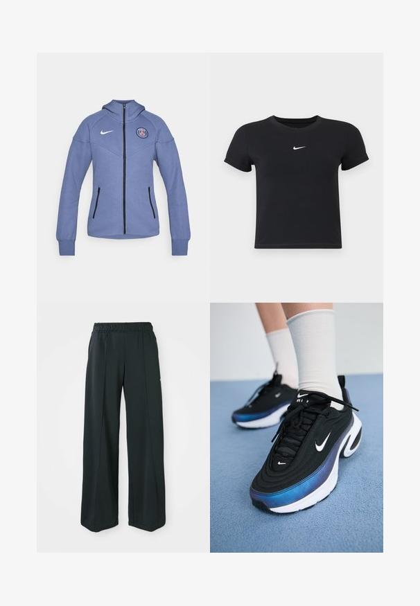 Blue zip-up jacket made of soft material, featuring a hood, side pockets, and a logo on the chest. Includes black zipper and accents.; Black short-sleeve t-shirt made of cotton with a round neckline. Features a white Nike logo on the chest, minimalistic design, and fitted shape.; Black, wide-leg athletic pants with an elastic waistband. Made from smooth, stretchy fabric, featuring subtle front seams and no pockets.; Black Nike sneakers with a smooth fabric upper, featuring a gradient blue-to-black design, white sole, and prominent logo accents.