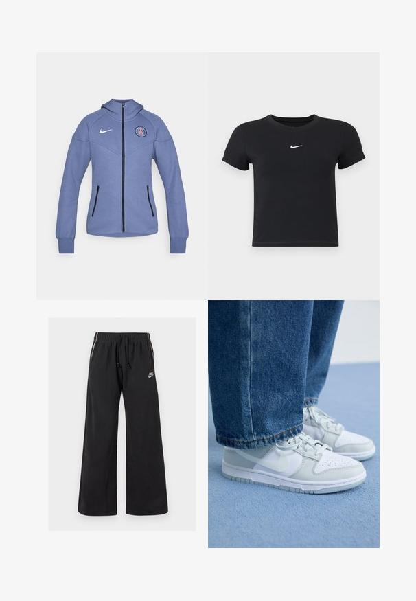 Blå zip-up jakke laget av mykt materiale, med hette, sidelommer og et logo på brystet. Inkluderer svart glidelås og detaljer.; Svart T-skjorte med kort arm laget av bomull med rund hals. Har en hvit Nike-logo på brystet, minimalistisk design og tettsittende fasong.; Svarte joggebukser laget av myk tekstil, med elastisk midje og snor, sidestrimler og en liten logo på venstre front.; Nike-sko i hvit og lys grå lær med perforert tå, flate lisser og gummisåle, sammen med blå denimjeans.
