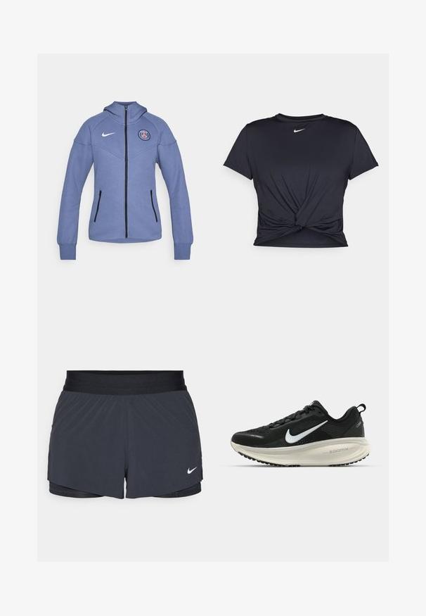 Giacca blu con zip realizzata in materiale morbido, dotata di cappuccio, tasche laterali e logo sul petto. Include cerniera e dettagli neri.; Maglietta atletica nera realizzata in tessuto liscio, con un design anteriore annodato e un piccolo logo Nike bianco sul petto.; Pantaloni sportivi neri con vita elastica, caratterizzati da un design a strati e un piccolo logo Nike bianco in basso a sinistra. Materiale leggero.; Scarpa da corsa nera Nike con tomaia in rete traspirante, logo Swoosh bianco, dettagli testurizzati e intersuola ZoomX di colore crema.