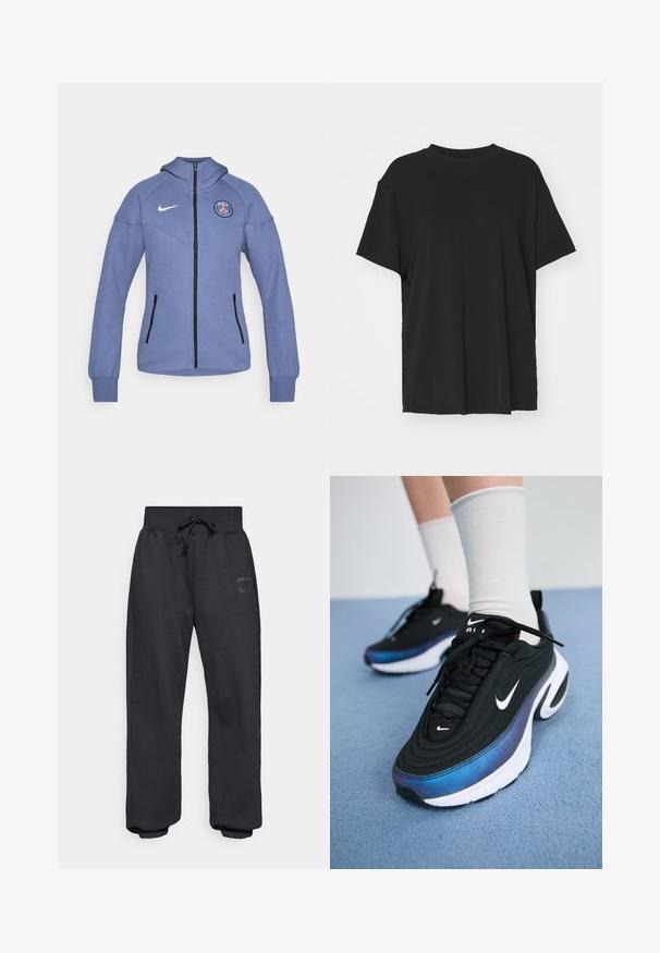 Sinine kapuutsiga tõmbluku ees olev jakk, mis on valmistatud pehmest materjalist. Sellel on küljetaskud ja rinna peal logo. Tõmblukk ja detailid on mustad.; Must have lühikeste varrukatega must t-särk, mis on valmistatud siledast kangast, ümmarguse kaelusega ja laia lõikega. Omab külgslitsid, mis pakuvad lisamugavust ja hingavust.; Mustad mustad püksid, millel on nööriga vöökoht ja elastsed mansetid. Ees on nüansirikas logo. Valmistatud pehmest ja vastupidavast kangast.; Mustad mustad Nike tossud, millel on sujuv kangaste ülemine osa ja gradientne sinine-must disain, valge tallaga ja silmatorkavate logode aktsentidega.