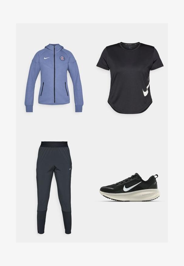 Kék, cipzáras dzseki, puha anyagból készült, kapucnival, oldalsó zsebekkel és mellkasi logóval. Fekete cipzárral és díszítésekkel.; Fekete sportpóló rövid ujjal, az alsó részén fehér Nike pipa logóval és lekerekített hem.; Nike sportnadrág sötétszürke színben, szűkített lábakkal, rugalmas derékpánttal és díszítésekkel a szárak közelében.; Fekete Nike futócipő légáteresztő hálós felsőrésszel, fehér Swoosh logóval, textúrázott részletekkel és krém színű ZoomX középtalppal.