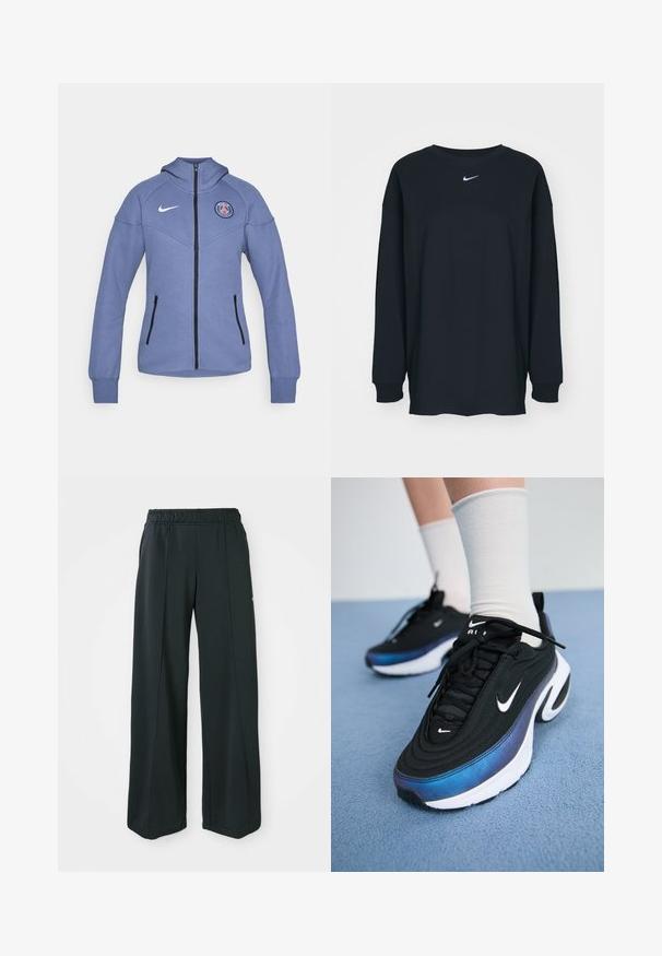 Modra jakna z zadrgo, izdelana iz mehkega materiala, z kapuco, stranskimi žepi in logotipom na prsih. Vključuje črno zadrgo in dodatke.; Črna dolgotrajna majica z dolgimi rokavi iz bombaža z okruglim izrezom. Ima bel Nike logo na prsih. Mehek material, preprost dizajn.; Črne široke športne hlače z elastičnim pasom. Narejene iz gladkega, raztegljivega materiala, z diskretno sprednjo šivanko in brez žepov.; Črne Nike športne copate z gladkim zgornjim delom iz tkanine, ki imajo gradientni dizajn od modre do črne, belo podplat in izrazite logotipne akcenta.