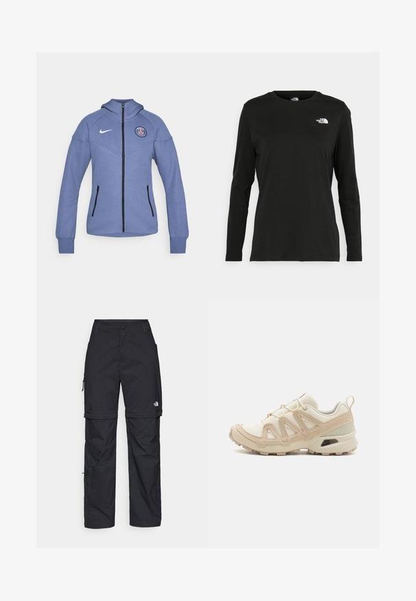 Modra jakna z zadrgo, izdelana iz mehkega materiala, z kapuco, stranskimi žepi in logotipom na prsih. Vključuje črno zadrgo in dodatke.; Črna majica z dolgimi rokavi iz bombaža z okroglo izrezom. Ima majhen bel logotip na levem prsnem delu. Enostaven dizajn in prileganje.; Črne najlon hlače z zipom, ki se lahko odstranijo, s prilagodljivimi manšetami, več žepi in logotipom na desni nogi. Gladka, lahka tekstura.; Bež in krem športni čevlji z teksturiranim mrežastim zgornjim delom, podpornimi prekrivali in gumijastim podplatom z vzorcem za oprijem.