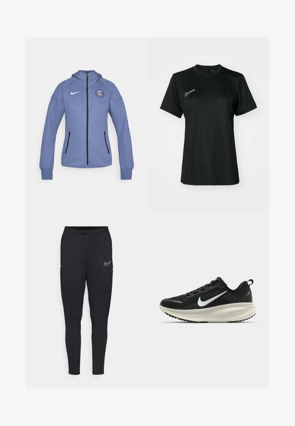 Modrá zipová bunda vyrobená z měkkého materiálu, s kapucí, postranními kapsami a logem na hrudi. Obsahuje černý zip a detaily.; Černé sportovní tričko s krátkým rukávem a kulatým výstřihem. Na horní levé straně se nachází bílé logo Nike. Hladká, lehká tkanina.; Černé sportovní kalhoty vyrobené z lehkého materiálu, s elastickým pasem, přiléhavým střihem a bílým logem Nike na stehně.; Černá běžecká obuv Nike s prodyšným síťovaným svrškem, bílým logem swoosh, texturovanými detaily a krémovou mezipodešví ZoomX.