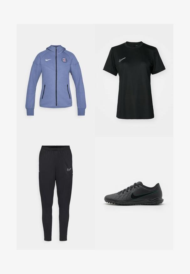 Niebieska kurtka zapinana na zamek, wykonana z miękkiego materiału, z kapturem, bocznymi kieszeniami i logo na piersi. Posiada czarny zamek błyskawiczny i akcenty.; Czarna, krótko rękawowa koszulka sportowa z okrągłym dekoltem. Posiada białe logo Nike na górnej lewej stronie. Gładki, lekki materiał.; Czarne spodnie sportowe wykonane z lekkiego materiału, z elastyczną talią, dopasowanym krojem i białym logo Nike na udzie.; Czarne korki piłkarskie z teksturowaną syntetyczną górą, zakrzywionym wzorem, czarną podeszwą zewnętrzną i turkusowym logo Nike z boku. Zapięcie na sznurówki.