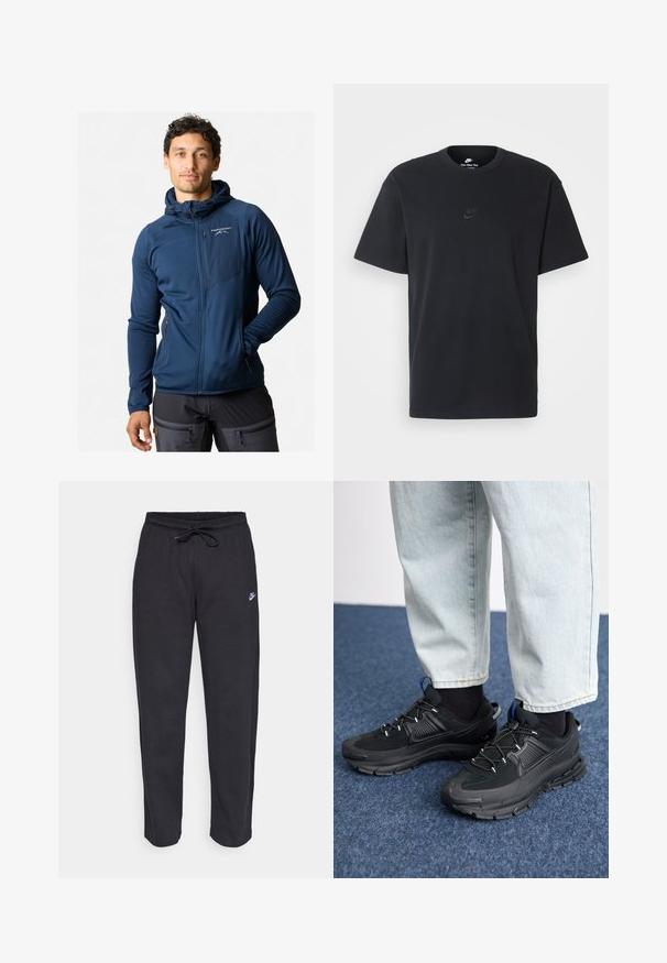 Navy blue zip-up jacket with a hood, featuring a textured fabric, elastic cuffs, and a zippered chest pocket. Logo on the front left.; Nike black cotton t-shirt with a classic crew neck, short sleeves, and a subtle, embossed logo on the chest. Smooth texture.; Black sweatpants made of soft fabric with an elastic waistband, drawstring, and a small Nike logo on the left thigh.; Black athletic shoes with textured fabric and rubber soles, featuring elastic laces and a blue accent on the heel. Worn with light denim pants.